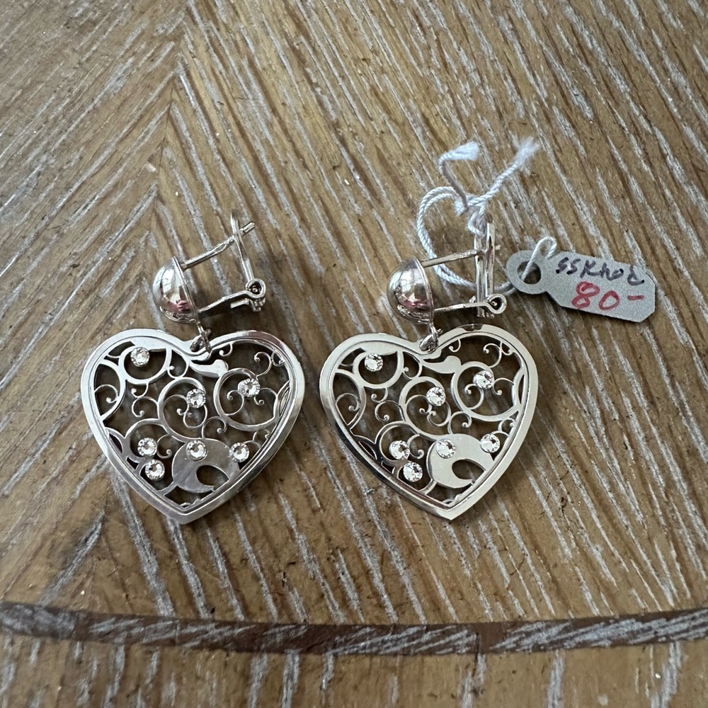 NWT Elegant Silver Heart and Crystal Earrings